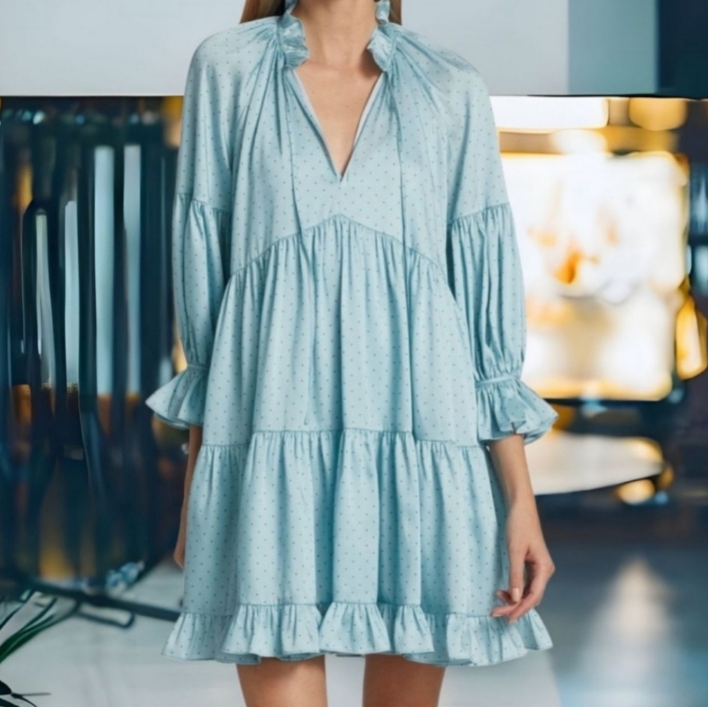 Nwt Cinq A Sept Pin Dot Phyllis Powder Blue Ruffle Knee Length Dress 6
